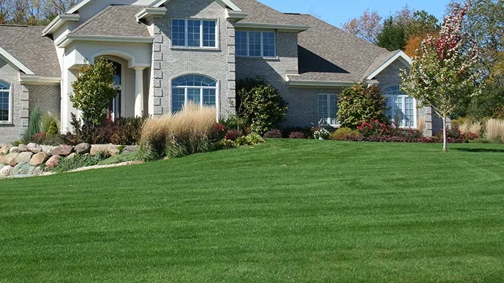 Striped green lawn in front of a stone suburban home — Cutting Edge Lawn Care in Washington